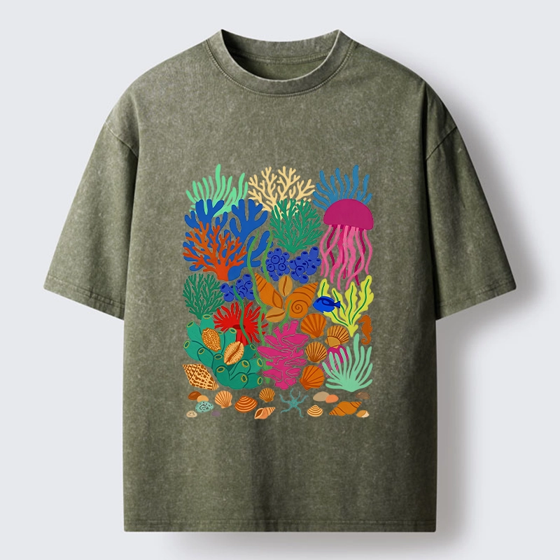 Tokyo-Tiger Bright Sea Garden Full Of Sea Friends Washed T-Shirt