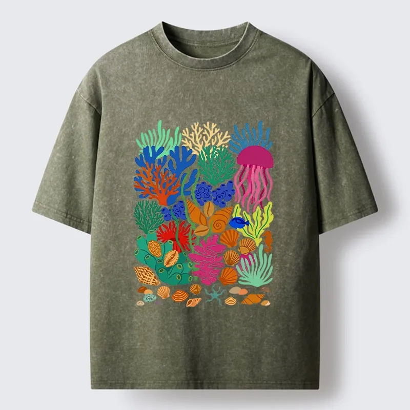 Tokyo-Tiger Bright Sea Garden Full Of Sea Friends Washed T-Shirt