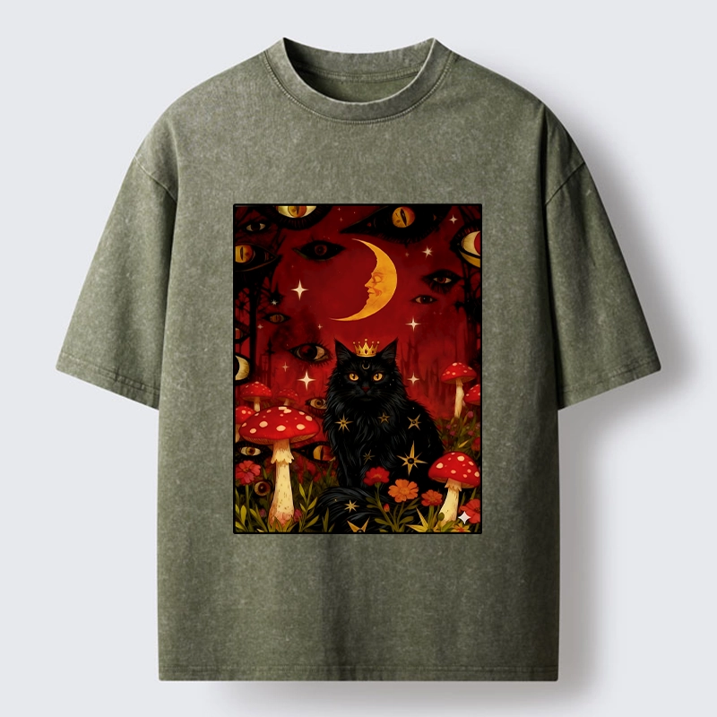 Tokyo-Tiger Mystic Cat Amid Red Spotted Mushrooms Washed T-Shirt