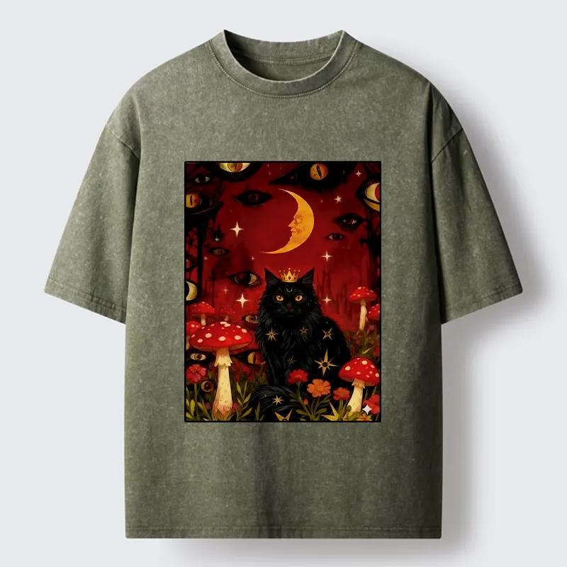 Tokyo-Tiger Mystic Cat Amid Red Spotted Mushrooms Washed T-Shirt