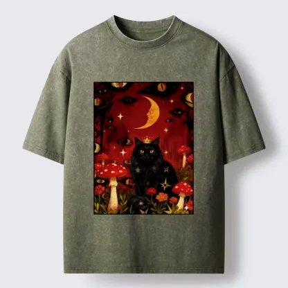 Tokyo-Tiger Mystic Cat Amid Red Spotted Mushrooms Washed T-Shirt