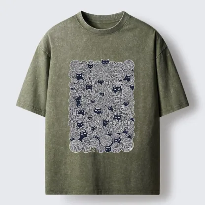 Tokyo-Tiger Tiny Black Cats Hide In Yarn Balls Washed T-Shirt