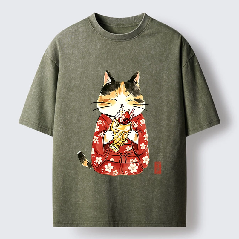 Tokyo-Tiger Enjoying Japanese Taiyaki Washed T-Shirt