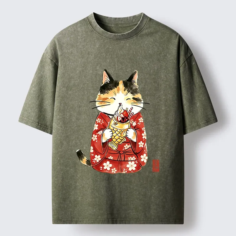 Tokyo-Tiger Enjoying Japanese Taiyaki Washed T-Shirt