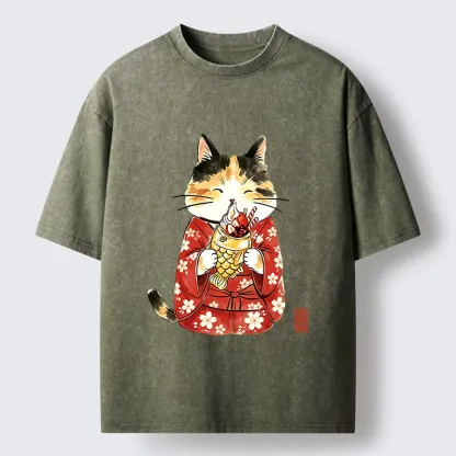 Tokyo-Tiger Enjoying Japanese Taiyaki Washed T-Shirt