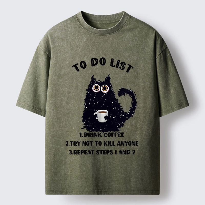 Tokyo-Tiger Funny Meme Daily Coffee Routine Washed T-Shirt
