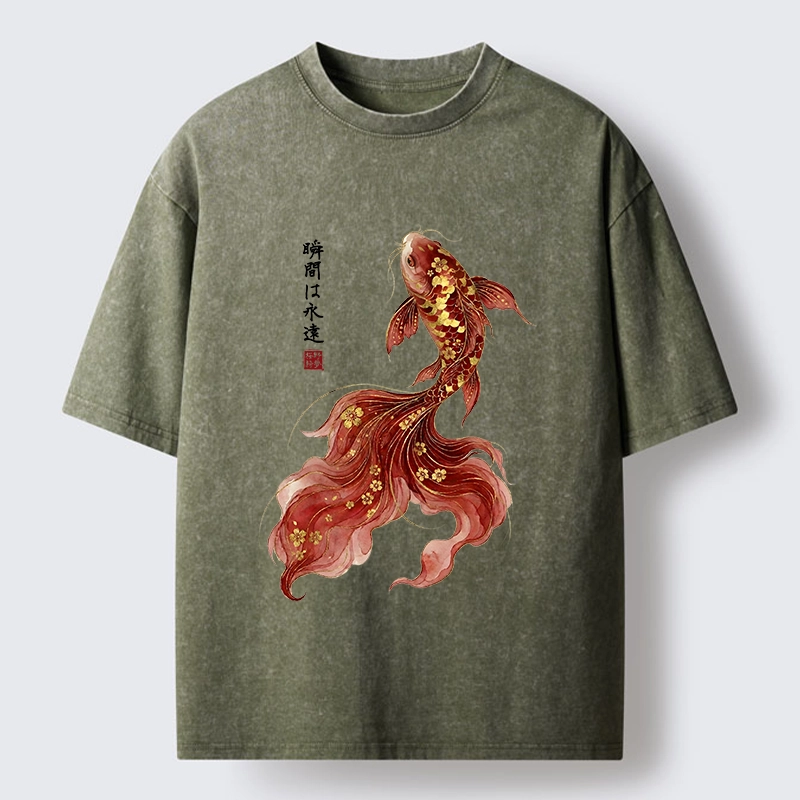 Tokyo-Tiger Golden Sakura Red Koi Ink Art Washed T-Shirt