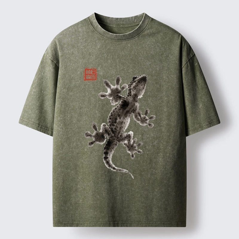 Tokyo-Tiger Minimal Asian Ink Brush Gecko Vibe Washed T-Shirt