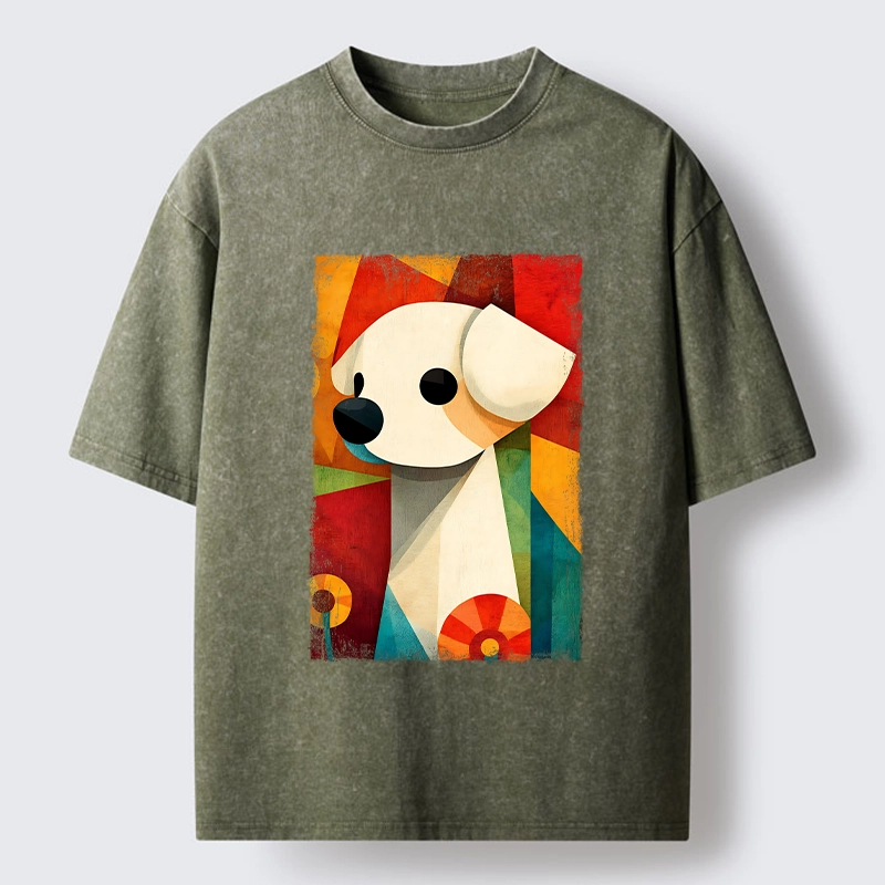 Tokyo-Tiger Retro Abstract Color Block Puppy Art Washed T-Shirt