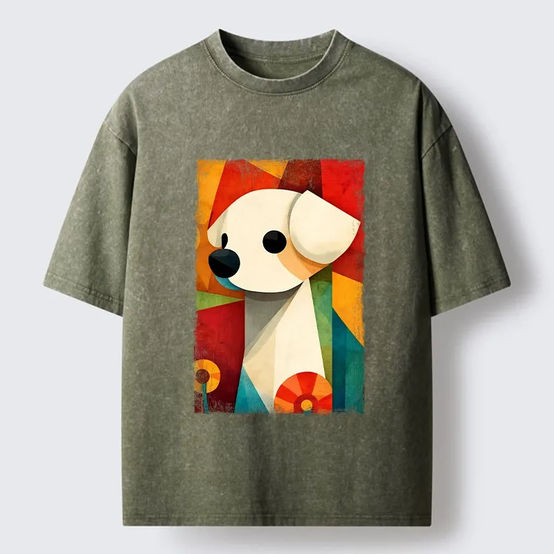 Tokyo-Tiger Retro Abstract Color Block Puppy Art Washed T-Shirt