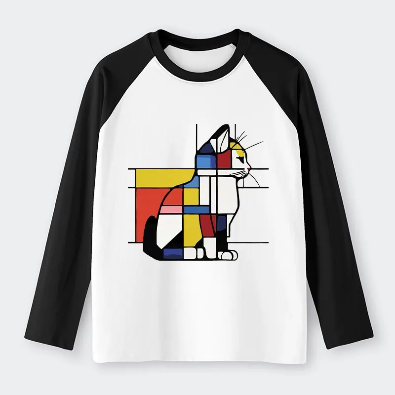 Tokyo-Tiger Geometric Cat Art In Primary Colors Raglan Long Sleeve T-shirt