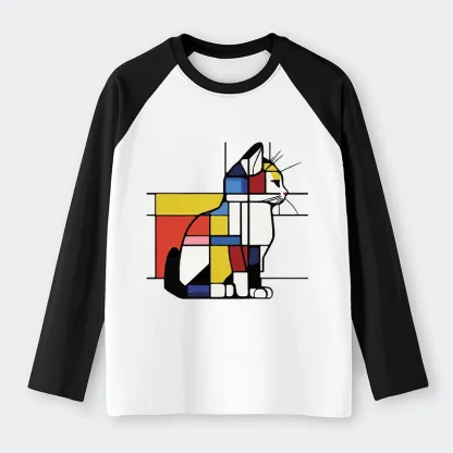 Tokyo-Tiger Geometric Cat Art In Primary Colors Raglan Long Sleeve T-shirt