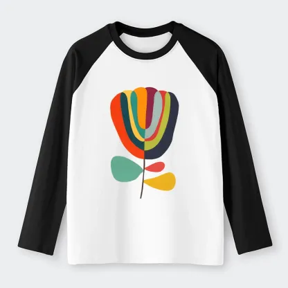 Tokyo-Tiger Colorful Flower Minimalist Print Raglan Long Sleeve T-shirt