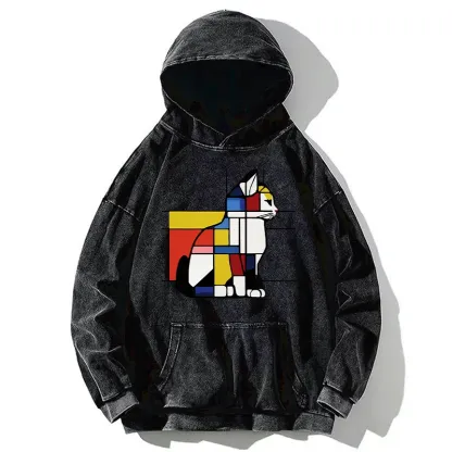 Tokyo-Tiger Geometric Cat Art In Primary Colors Washed Hoodie