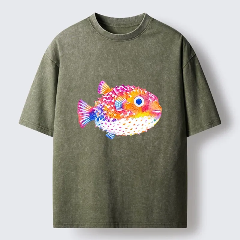 Tokyo-Tiger Rainbow Watercolor Puffer Fish Art Washed T-Shirt