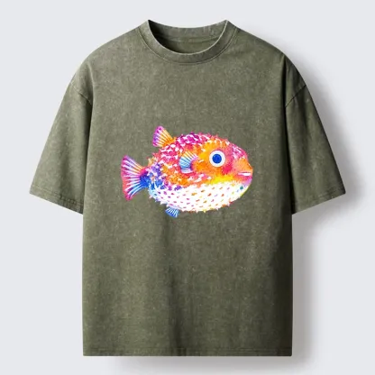 Tokyo-Tiger Rainbow Watercolor Puffer Fish Art Washed T-Shirt