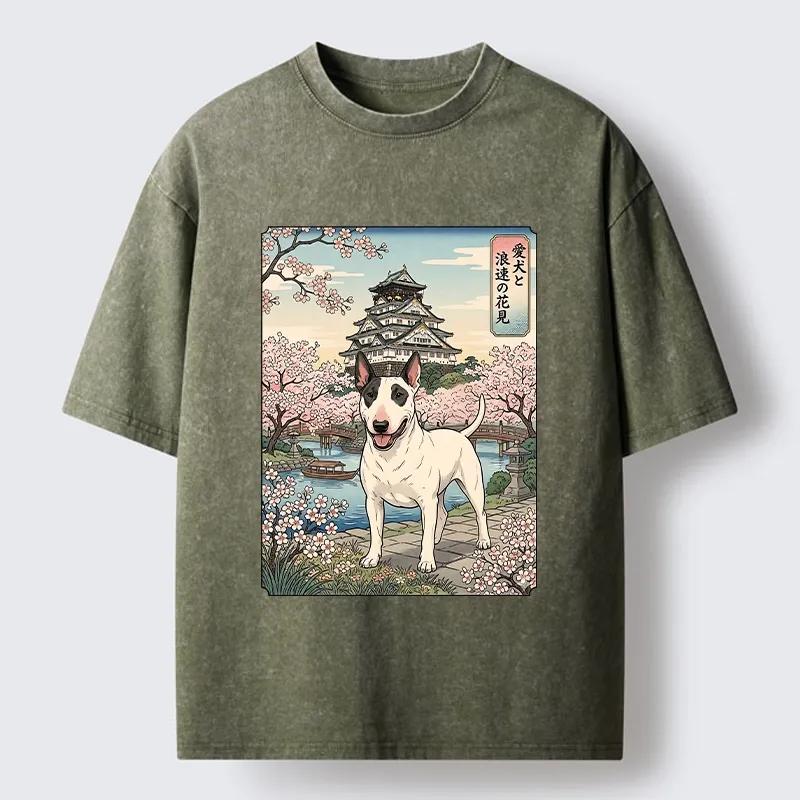 Tokyo-Tiger Ukiyo-e Bull Terrier Cherry Blossom Art Washed T-Shirt