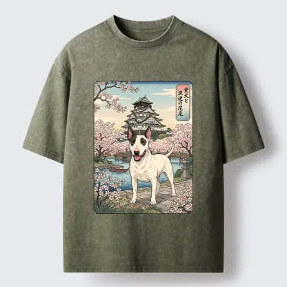 Tokyo-Tiger Ukiyo-e Bull Terrier Cherry Blossom Art Washed T-Shirt