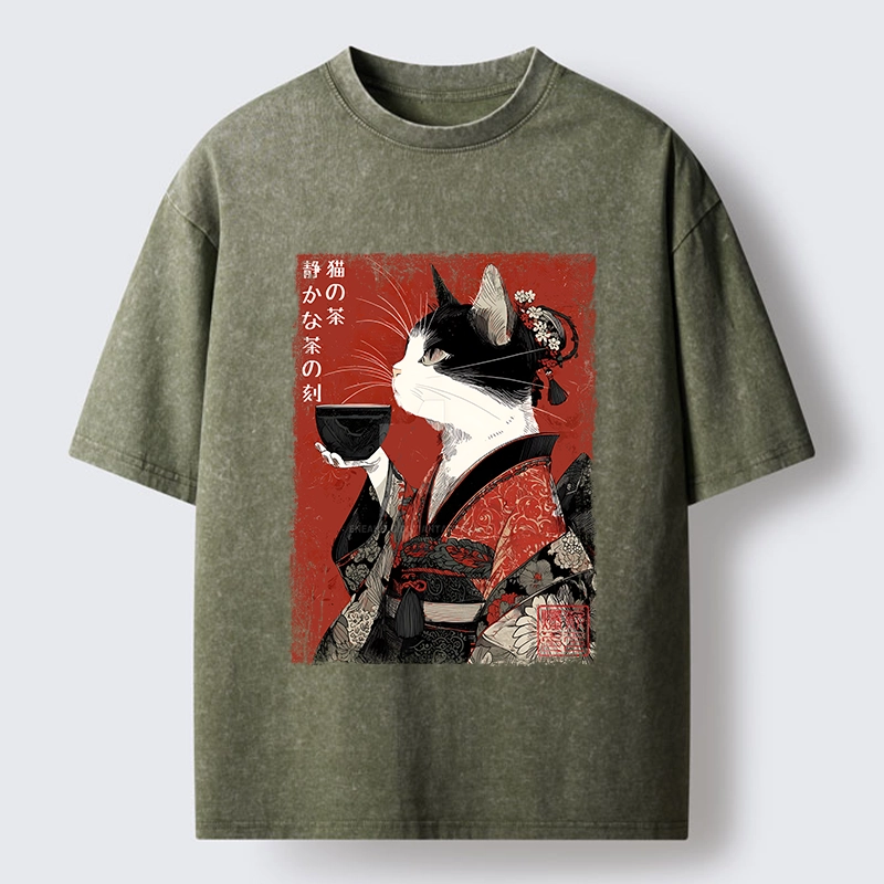 Tokyo-Tiger Kimono Tea Cat Red Vintage Ink Art Washed T-Shirt