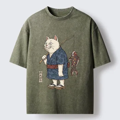 Tokyo-Tiger Kimono Cat Fishing Koi Fish Art Washed T-Shirt
