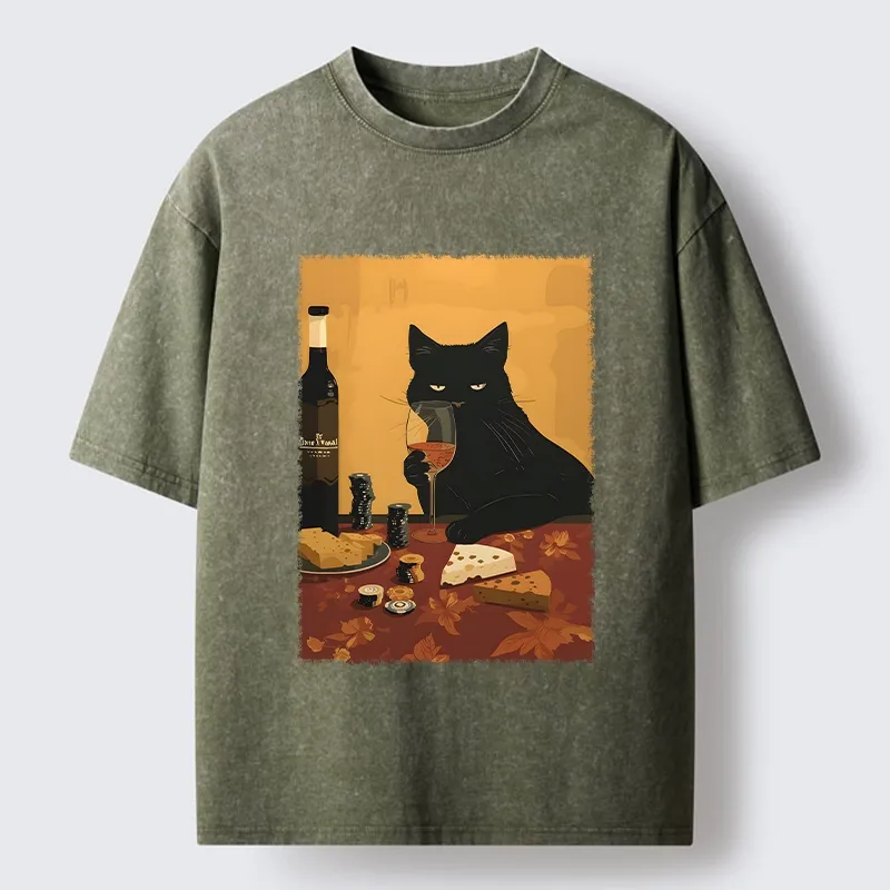 Tokyo-Tiger Chill Black Cat Wine Cheese Art Washed T-Shirt