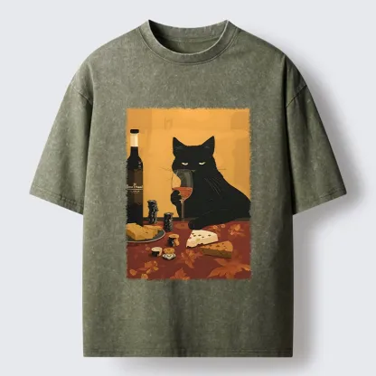 Tokyo-Tiger Chill Black Cat Wine Cheese Art Washed T-Shirt