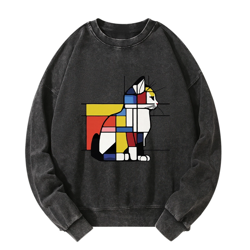 Tokyo-Tiger Geometric Cat Art In Primary Colors Washed Sweatshirt