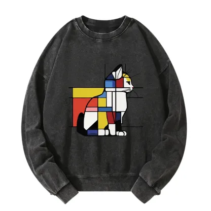 Tokyo-Tiger Geometric Cat Art In Primary Colors Washed Sweatshirt