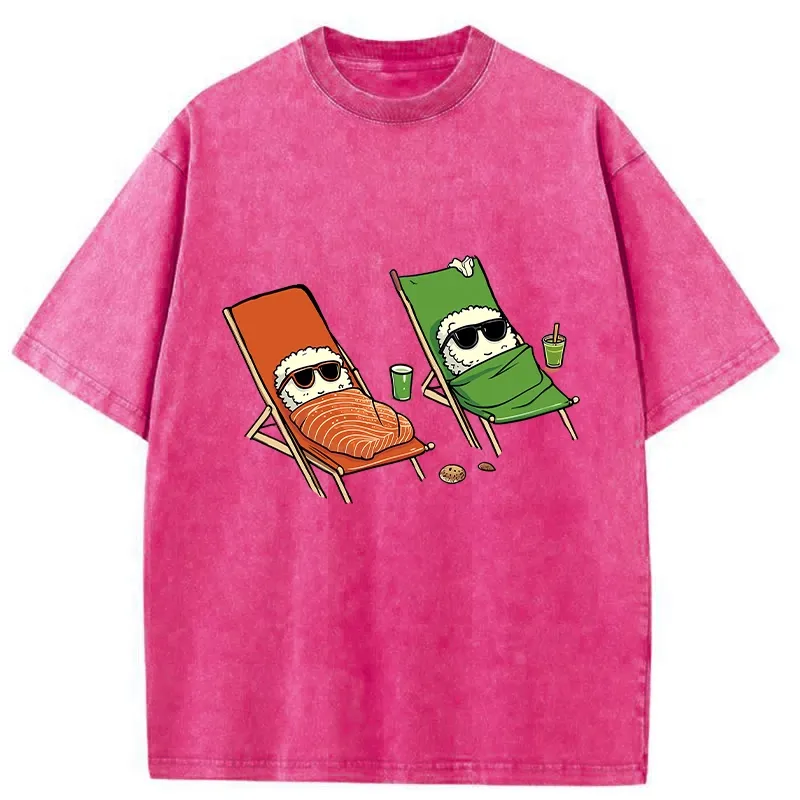 Tokyo-Tiger Funny Sushi Sunbathing Washed T-Shirt