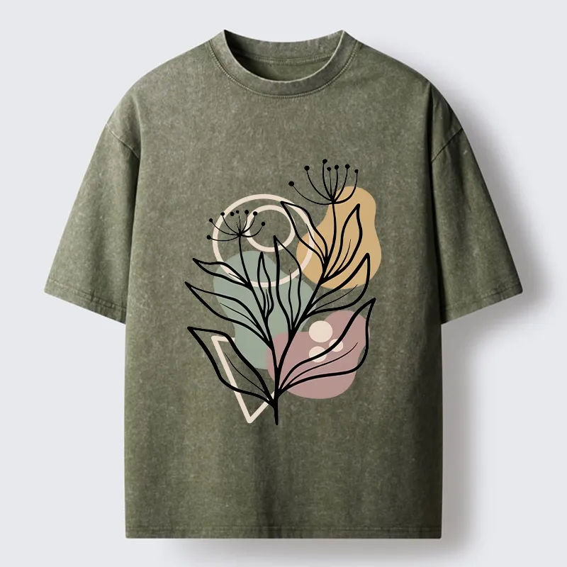 Tokyo-Tiger Soft Boho Floral Line Art Washed T-Shirt