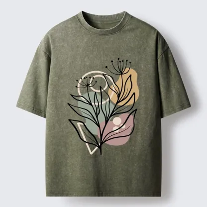 Tokyo-Tiger Soft Boho Floral Line Art Washed T-Shirt