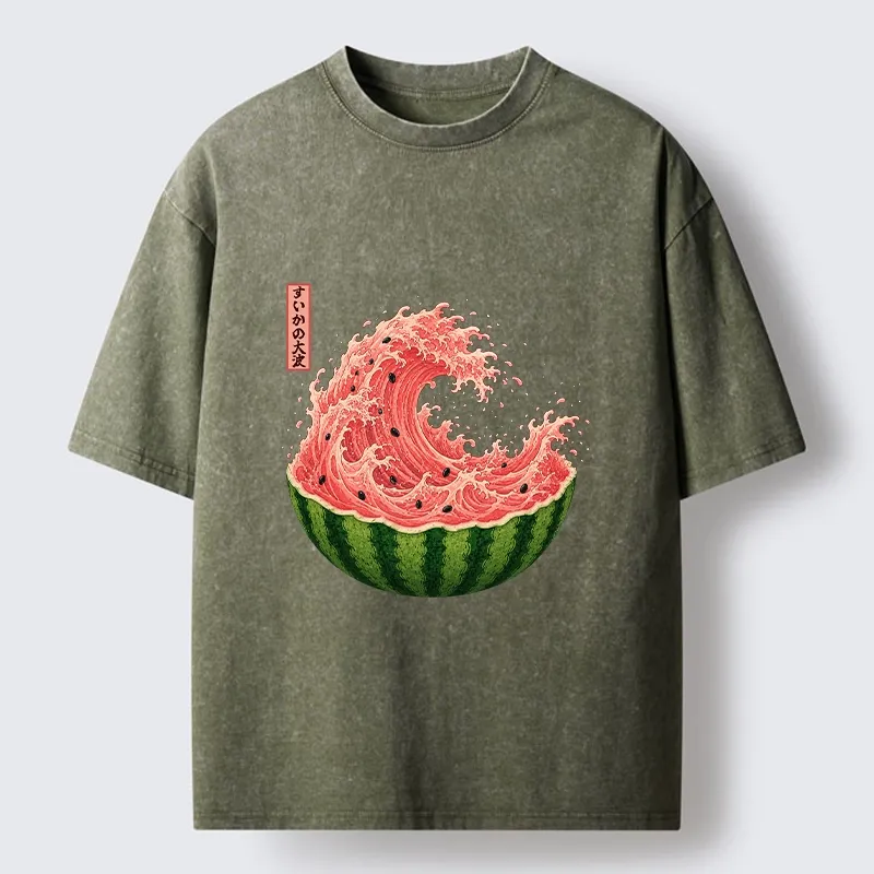 Tokyo-Tiger Watermelon Wave Summer Ukiyo Art Washed T-Shirt Sale