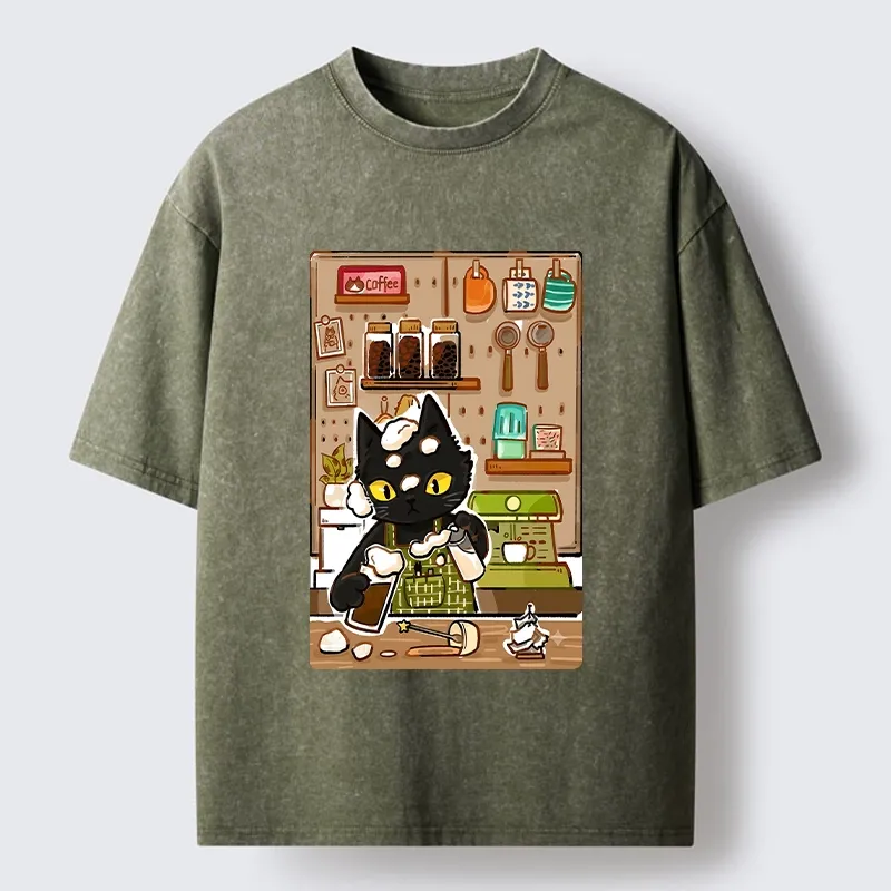 Tokyo-Tiger Black Cat Barista Makes Coffee Foam Washed T-Shirt Sale