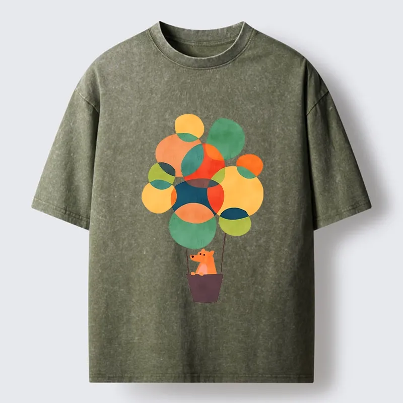 Tokyo-Tiger Bear Rides Colorful Balloon Basket Washed T-Shirt
