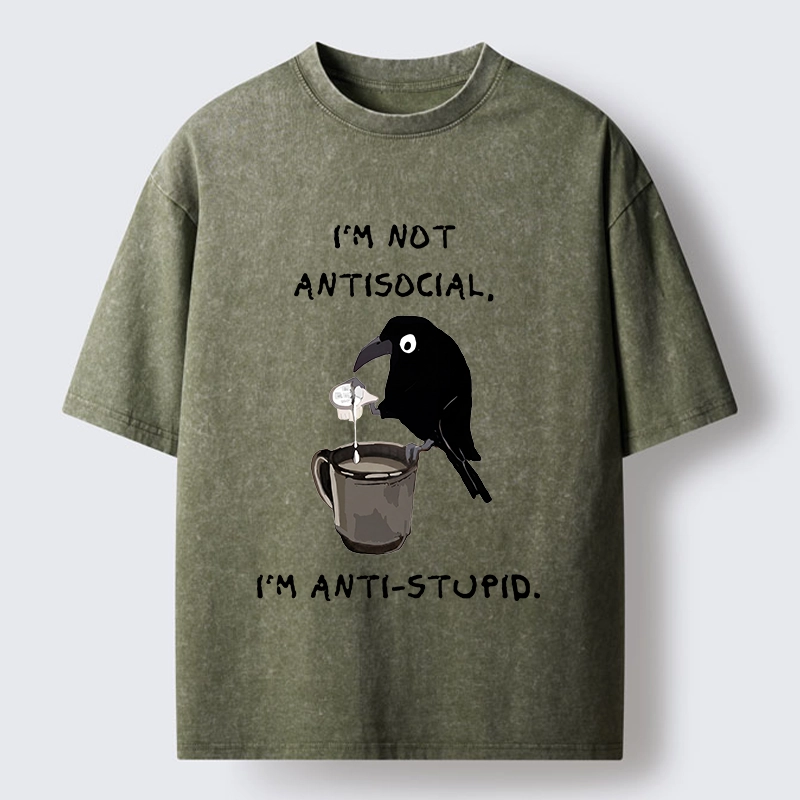 Tokyo-Tiger Cool Crow Sips Calm Coffee Alone Washed T-Shirt