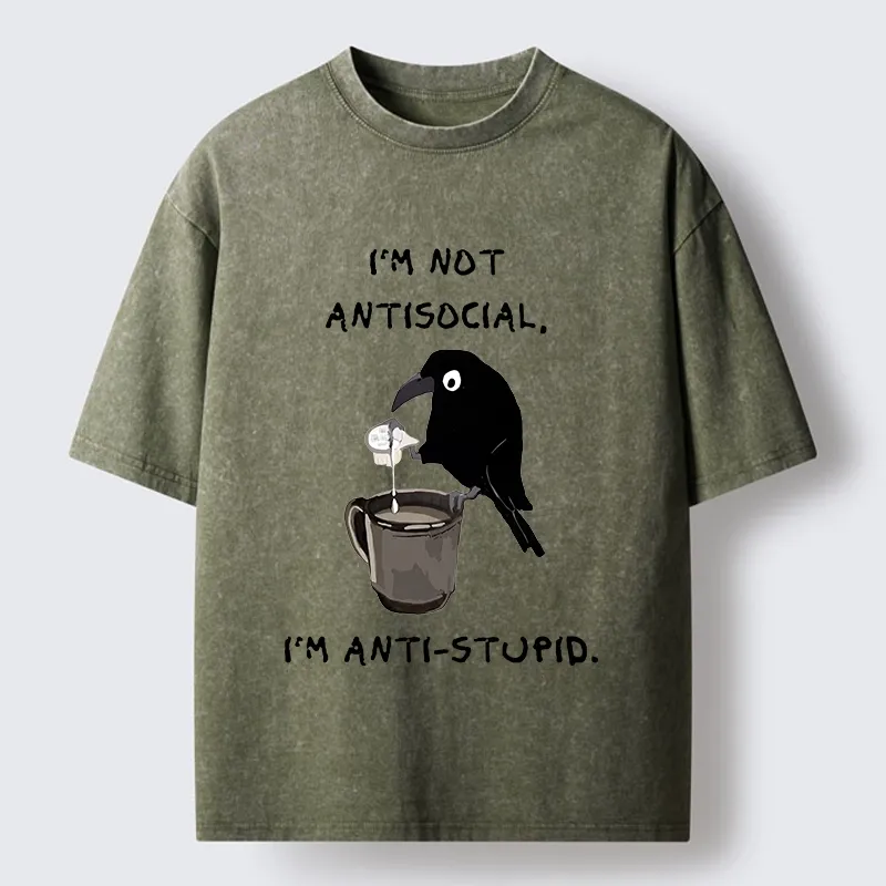 Tokyo-Tiger Cool Crow Sips Calm Coffee Alone Washed T-Shirt