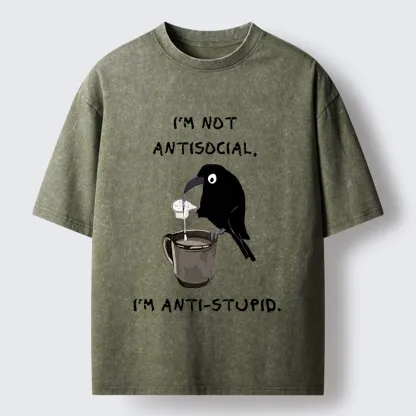 Tokyo-Tiger Cool Crow Sips Calm Coffee Alone Washed T-Shirt