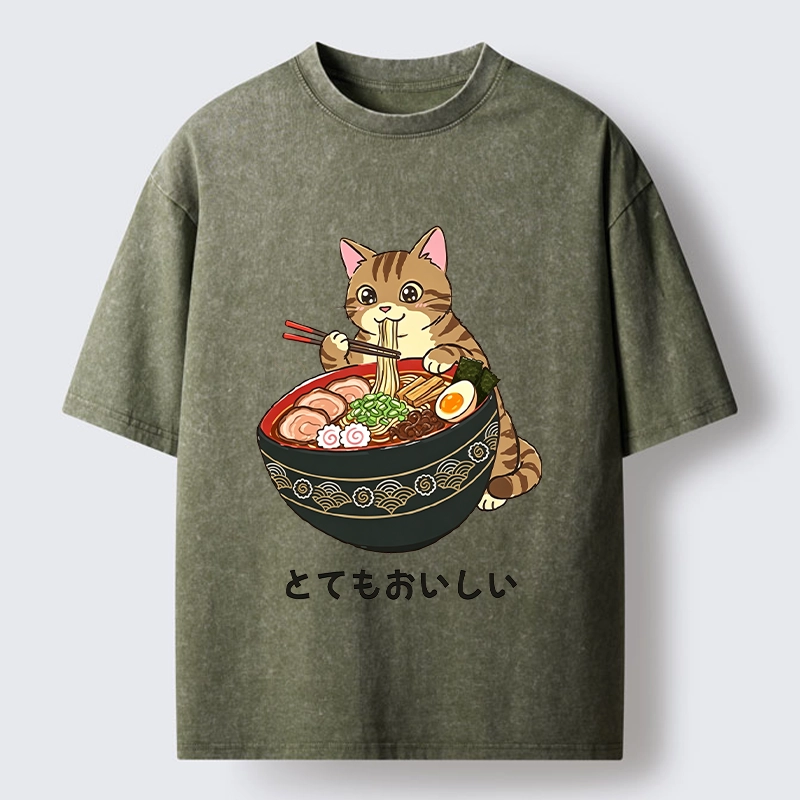 Tokyo-Tiger Cat Eat Delicious Hot Ramen Washed T-Shirt
