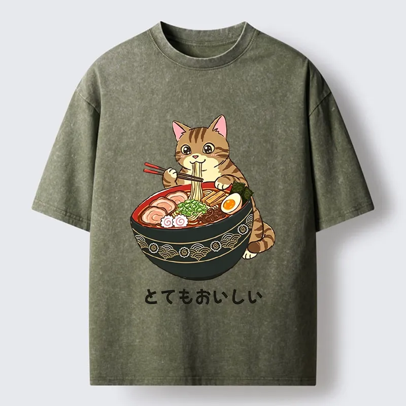 Tokyo-Tiger Cat Eat Delicious Hot Ramen Washed T-Shirt Sale