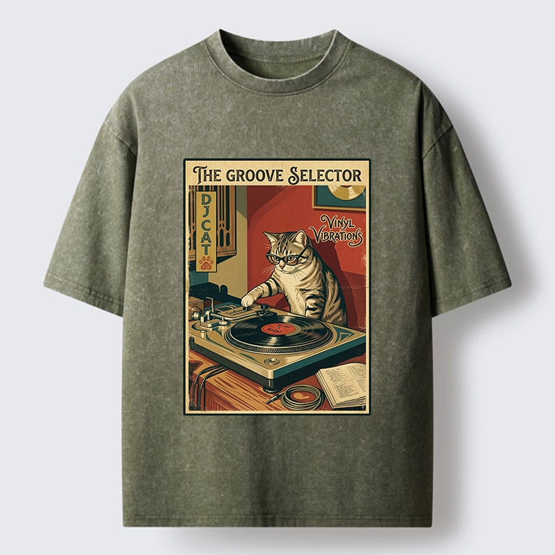 Tokyo-Tiger Retro DJ Cat Vinyl Record Art Washed T-Shirt