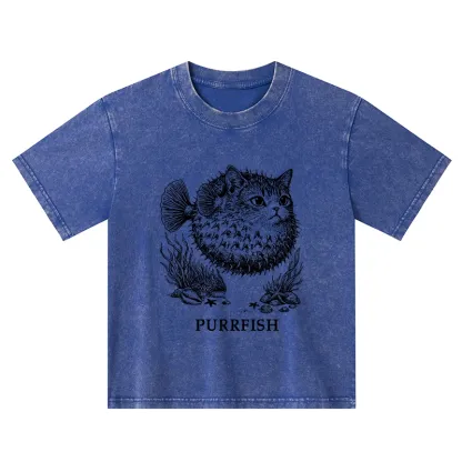 Tokyo-Tiger Spiky Puffer With Cute Cat Head Kids Washed T-Shirt