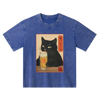 Tokyo-Tiger Cat Holding A Glass Of Beer Kids Washed T-Shirt