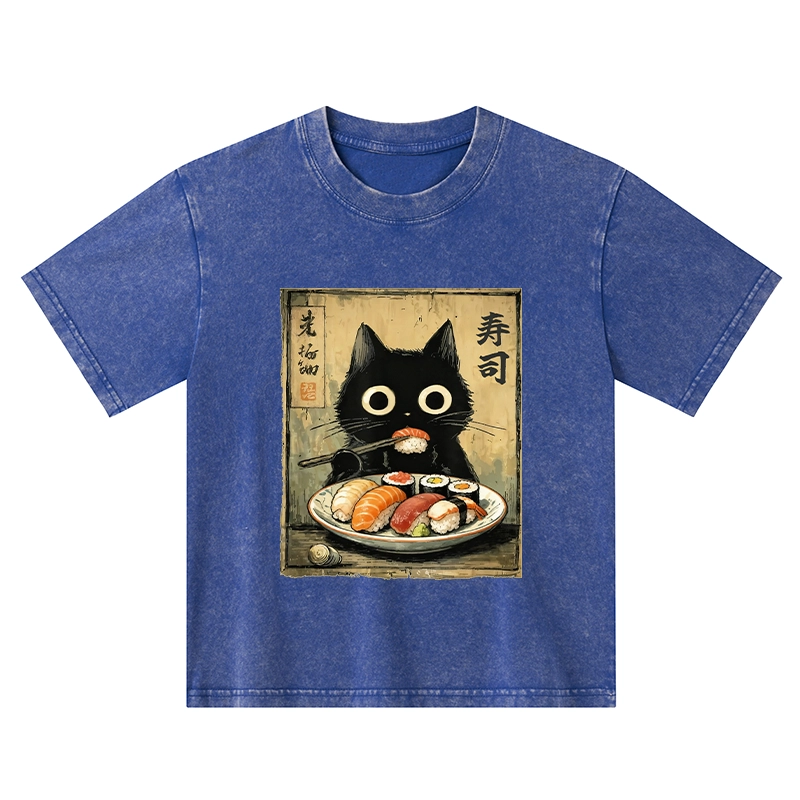 Tokyo-Tiger  Vintage Japanese Sushi Cat Kids Washed T-Shirt