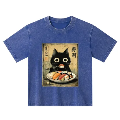 Tokyo-Tiger  Vintage Japanese Sushi Cat Kids Washed T-Shirt