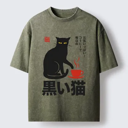 Tokyo-Tiger Black Cat Sips Daily Coffee Japanese Print Washed T-Shirt
