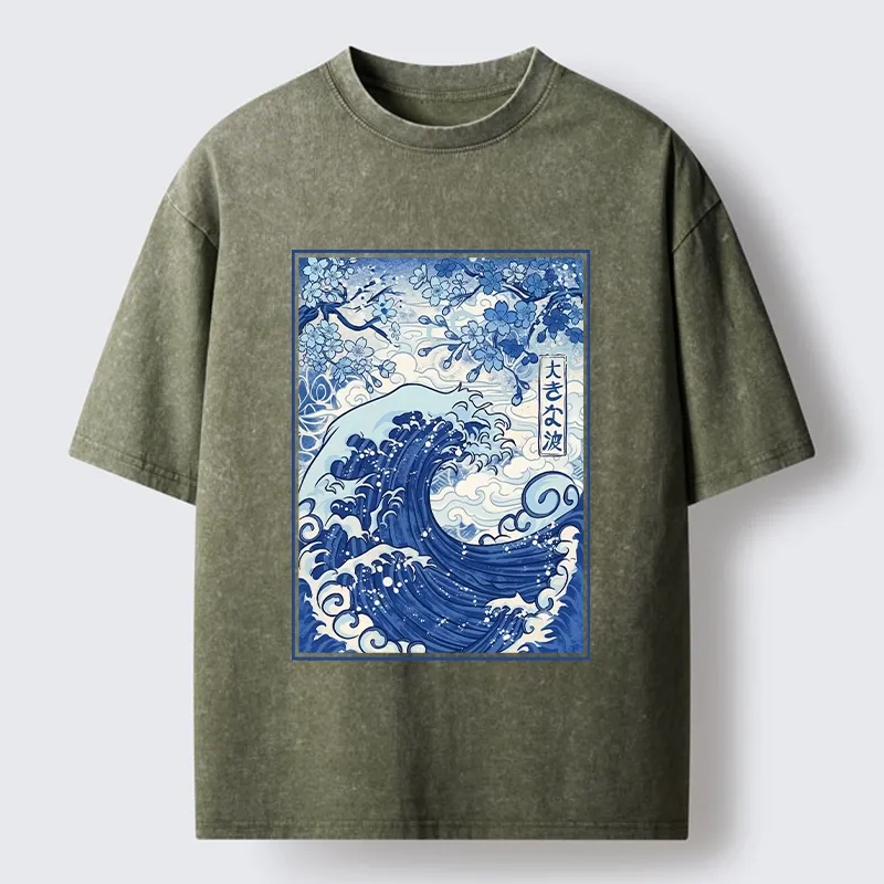 Tokyo-Tiger Vintage Japanese Wave Sakura Print Washed T-Shirt Sale