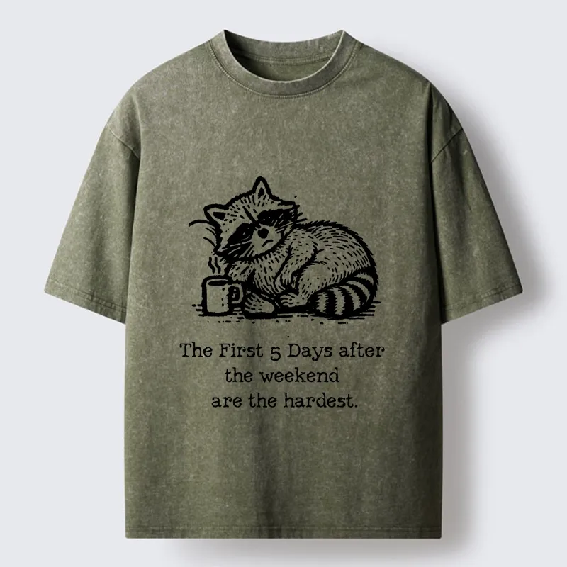 Tokyo-Tiger Funny Meme Monday Blues Coffee Raccoon Washed T-Shirt Sale