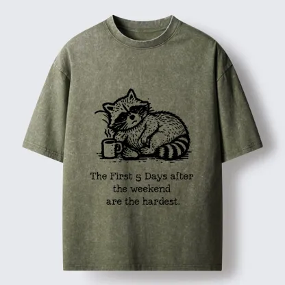 Tokyo-Tiger Funny Meme Monday Blues Coffee Raccoon Washed T-Shirt