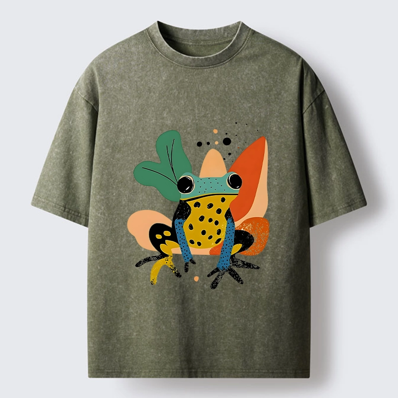 Tokyo-Tiger Vibrant Shapes Colorful Jungle Frog Tee Washed T-Shirt