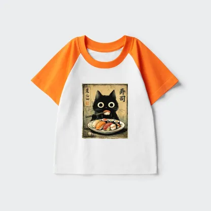 Tokyo-Tiger Vintage Japanese Sushi Cat Kids Raglan T-shirt